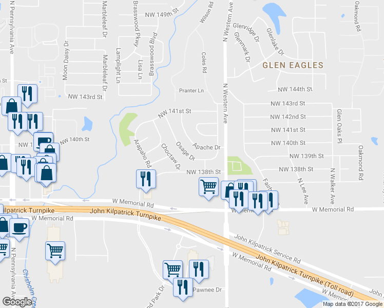 map of restaurants, bars, coffee shops, grocery stores, and more near 14016 Osage Drive in Edmond