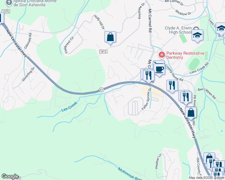 map of restaurants, bars, coffee shops, grocery stores, and more near 406 Village Creek Drive in Asheville