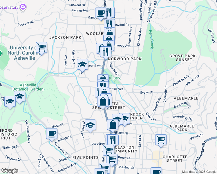 map of restaurants, bars, coffee shops, grocery stores, and more near 60 Coleman Avenue in Asheville