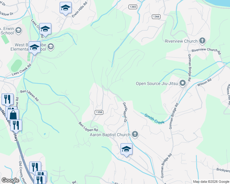 map of restaurants, bars, coffee shops, grocery stores, and more near 91 Destination Drive in Asheville