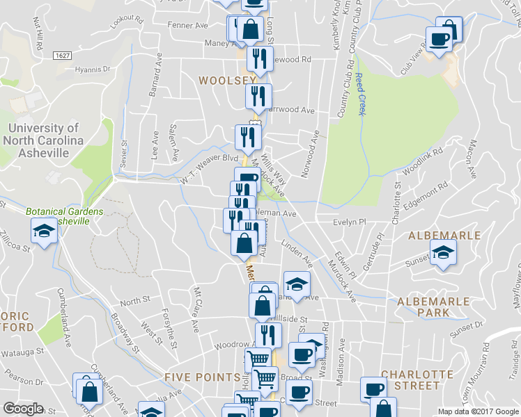 map of restaurants, bars, coffee shops, grocery stores, and more near 54 Coleman Avenue in Asheville
