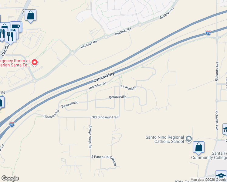 map of restaurants, bars, coffee shops, grocery stores, and more near 32 La Pradera in Santa Fe