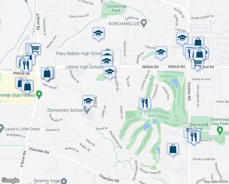 map of restaurants, bars, coffee shops, grocery stores, and more near 912 Wade Drive in Paso Robles