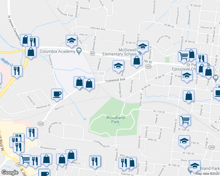 map of restaurants, bars, coffee shops, grocery stores, and more near 102 Dodson Drive in Columbia
