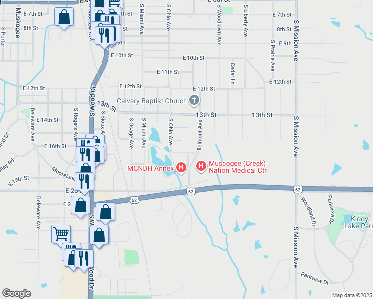 map of restaurants, bars, coffee shops, grocery stores, and more near 1300 R D Miller Drive in Okmulgee