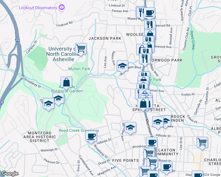 map of restaurants, bars, coffee shops, grocery stores, and more near 21 Montview Drive in Asheville