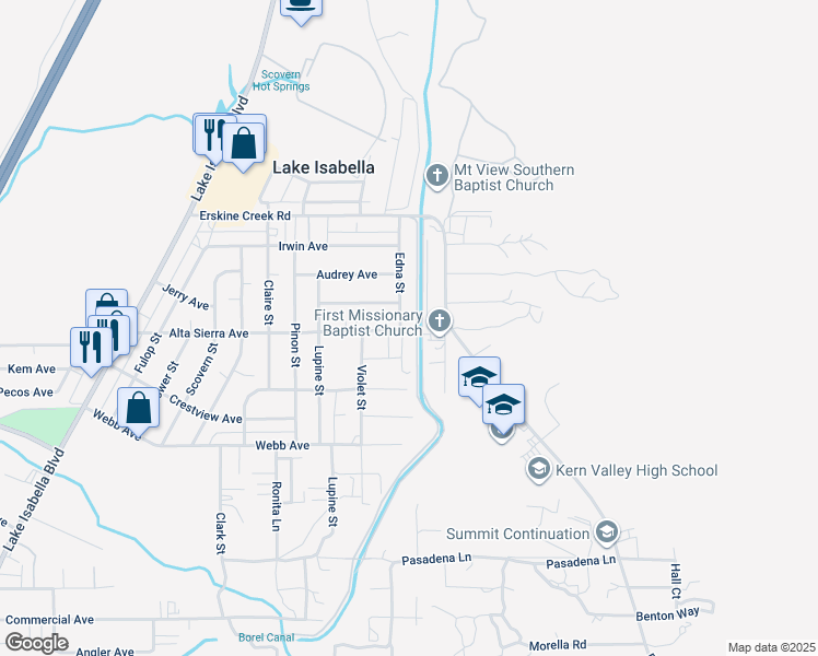 map of restaurants, bars, coffee shops, grocery stores, and more near 2804 Edna Street in Lake Isabella