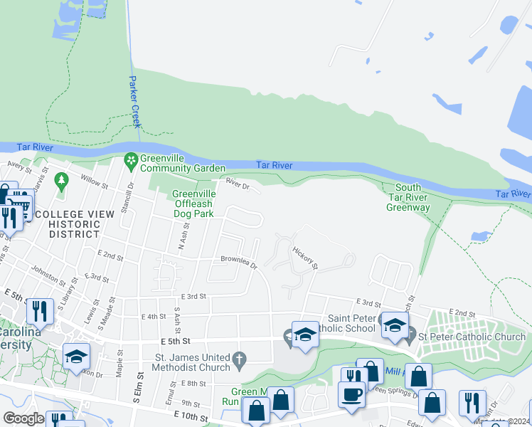 map of restaurants, bars, coffee shops, grocery stores, and more near 223 Wyndham Circle in Greenville