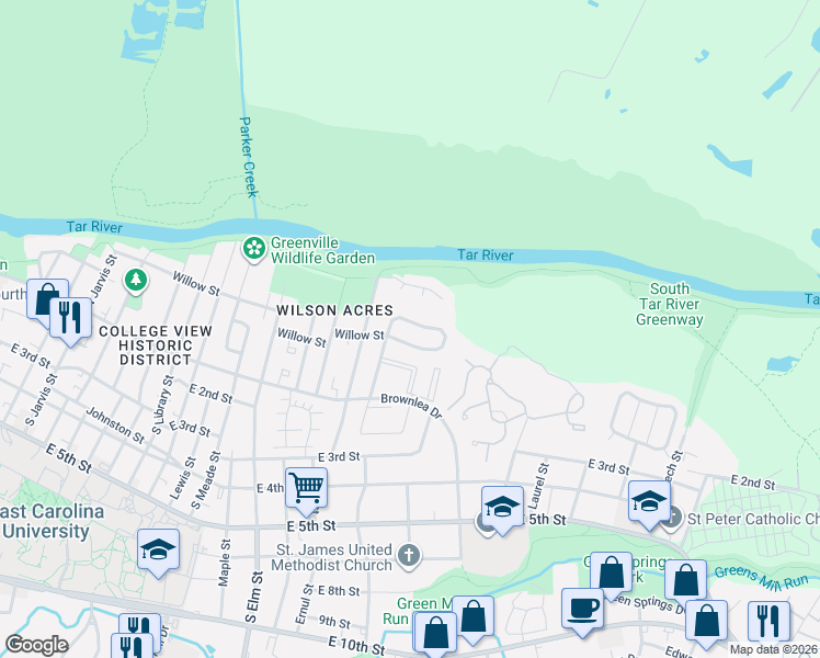 map of restaurants, bars, coffee shops, grocery stores, and more near 208 Wyndham Circle in Greenville