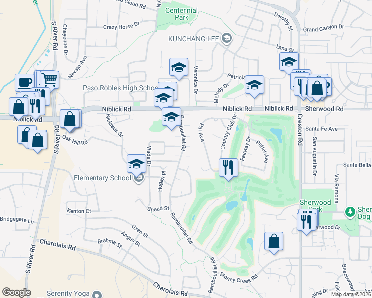 map of restaurants, bars, coffee shops, grocery stores, and more near 924 Wade Court in Paso Robles