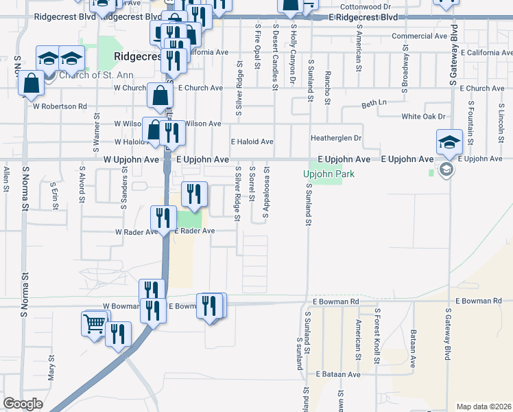 map of restaurants, bars, coffee shops, grocery stores, and more near 608 S Sorrel St in Ridgecrest
