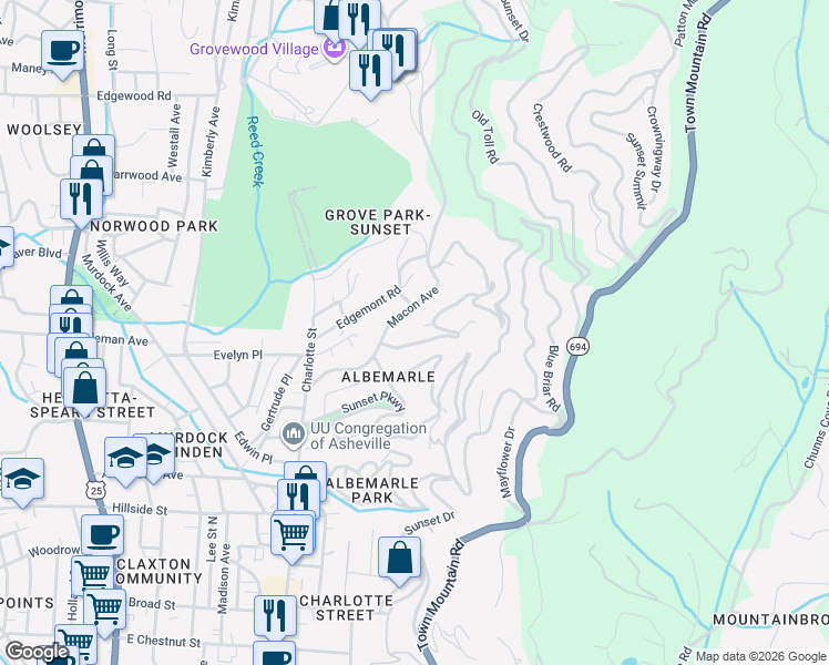 map of restaurants, bars, coffee shops, grocery stores, and more near 2 Howland Road in Asheville