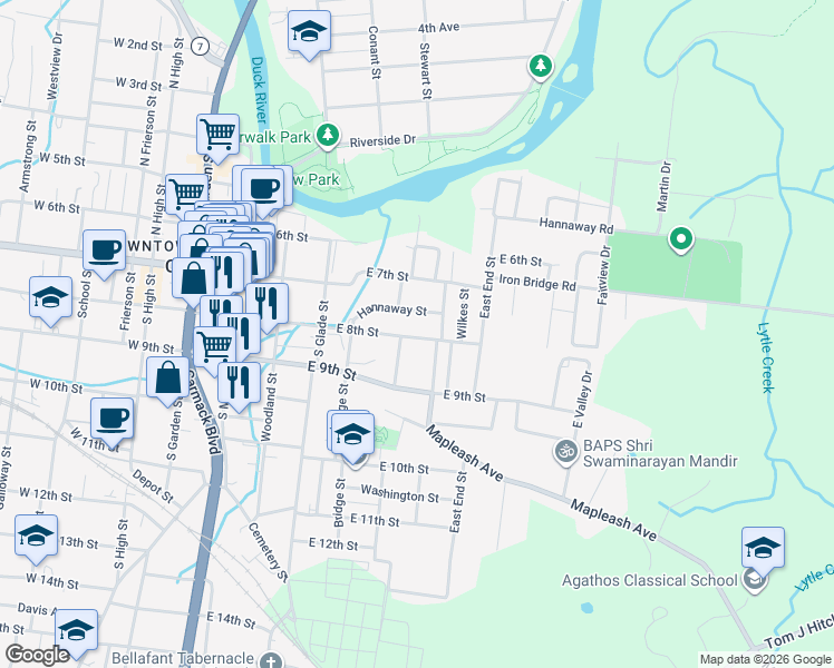 map of restaurants, bars, coffee shops, grocery stores, and more near 509 East 8th Street in Columbia