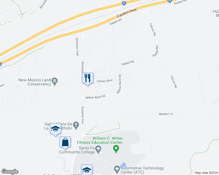 map of restaurants, bars, coffee shops, grocery stores, and more near 32 Craftsman in Santa Fe