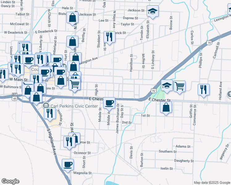map of restaurants, bars, coffee shops, grocery stores, and more near 204 South Hays Avenue in Jackson
