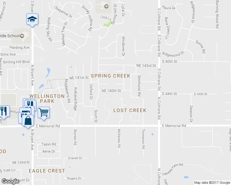 map of restaurants, bars, coffee shops, grocery stores, and more near 3720 NE 140th St in Edmond
