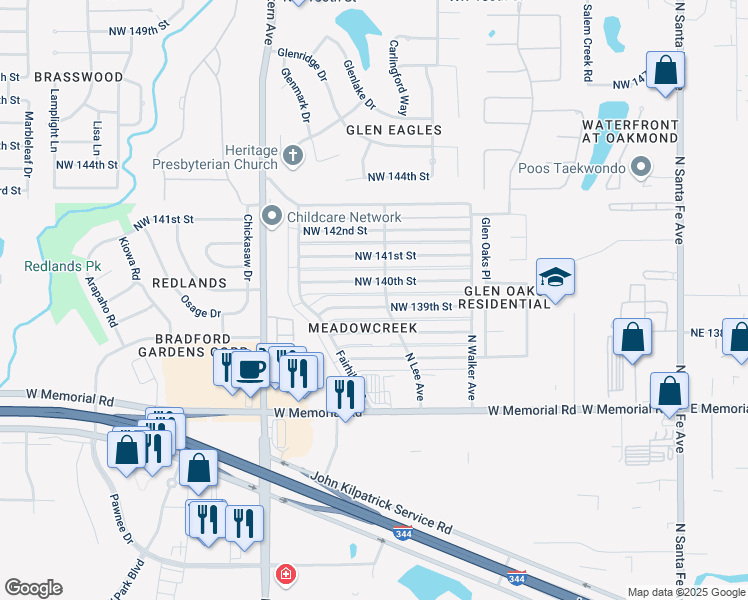 map of restaurants, bars, coffee shops, grocery stores, and more near 705 Northwest 139th Street in Edmond