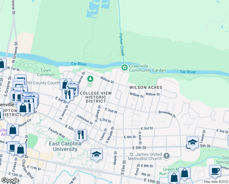 map of restaurants, bars, coffee shops, grocery stores, and more near 113 Stancill Drive in Greenville