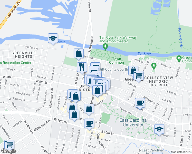 map of restaurants, bars, coffee shops, grocery stores, and more near 306 Evans Street in Greenville