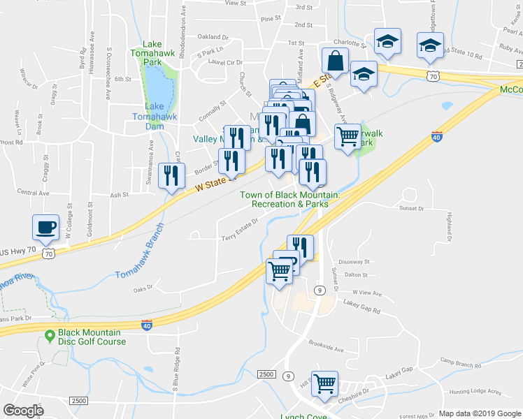 map of restaurants, bars, coffee shops, grocery stores, and more near 105 Bridge Street in Black Mountain