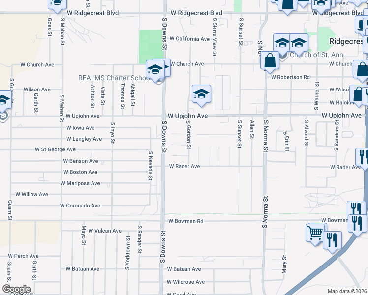 map of restaurants, bars, coffee shops, grocery stores, and more near 608 South Gordon Street in Ridgecrest