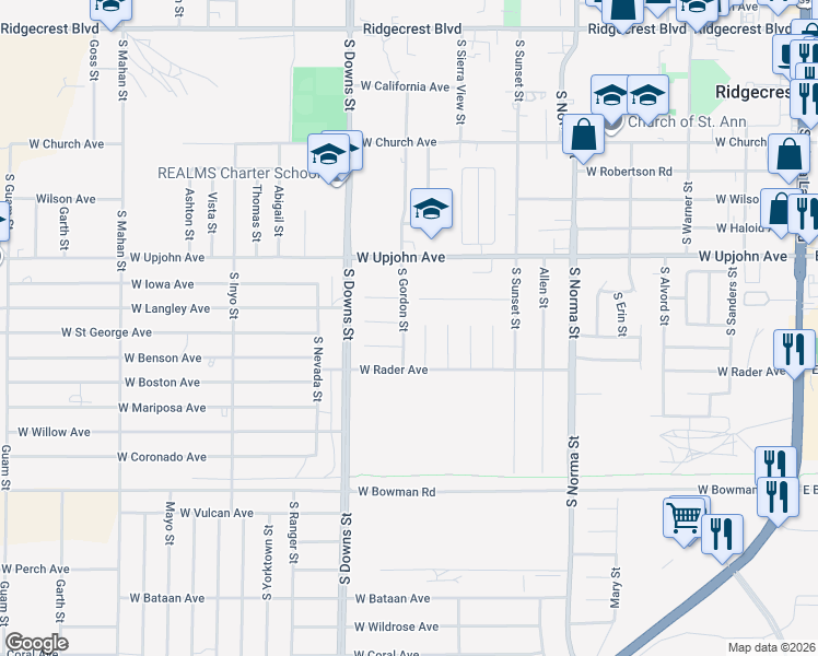 map of restaurants, bars, coffee shops, grocery stores, and more near 608 South Gordon Street in Ridgecrest