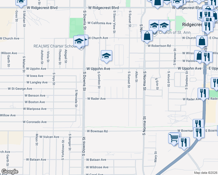 map of restaurants, bars, coffee shops, grocery stores, and more near 609 Heather Court in Ridgecrest