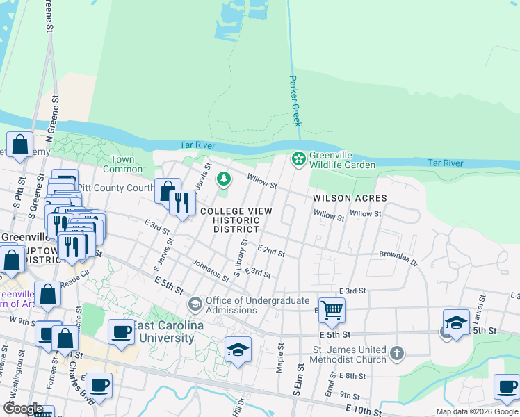 map of restaurants, bars, coffee shops, grocery stores, and more near 114 North Library Street in Greenville