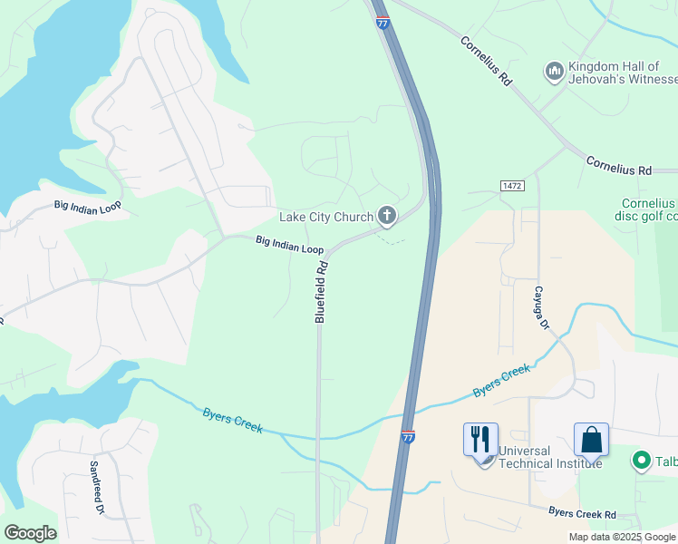 map of restaurants, bars, coffee shops, grocery stores, and more near Bluefield Road in Mooresville
