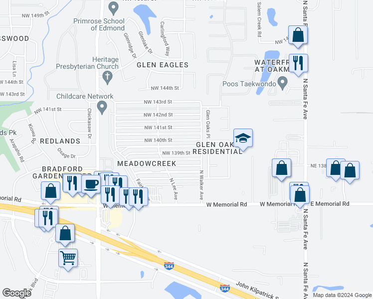 map of restaurants, bars, coffee shops, grocery stores, and more near 517 Northwest 139th Street in Edmond
