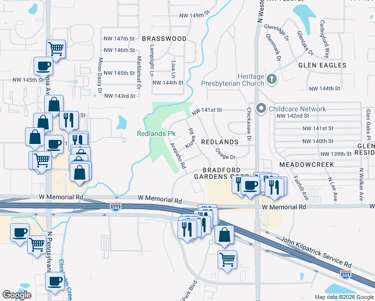 map of restaurants, bars, coffee shops, grocery stores, and more near 1408 Kiowa Rd in Edmond