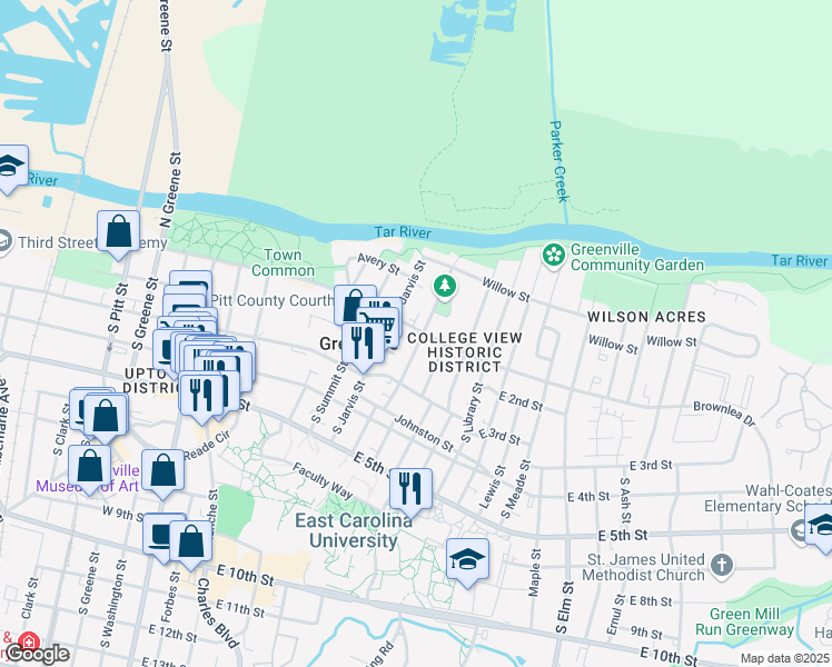map of restaurants, bars, coffee shops, grocery stores, and more near 100 South Woodlawn Avenue in Greenville