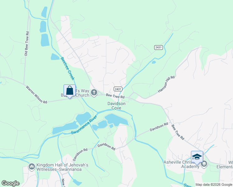 map of restaurants, bars, coffee shops, grocery stores, and more near 551 Bee Tree Road in Swannanoa