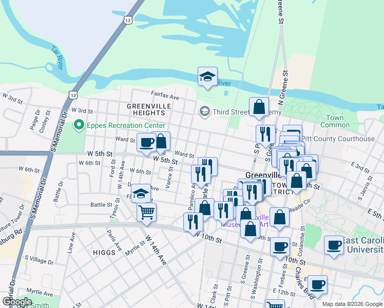 map of restaurants, bars, coffee shops, grocery stores, and more near 407 Latham St in Greenville