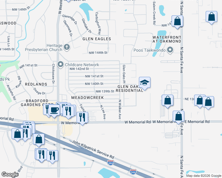map of restaurants, bars, coffee shops, grocery stores, and more near 517 Northwest 139th Street in Edmond