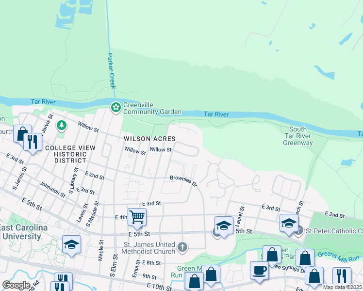 map of restaurants, bars, coffee shops, grocery stores, and more near 204A Wyndham Circle in Greenville