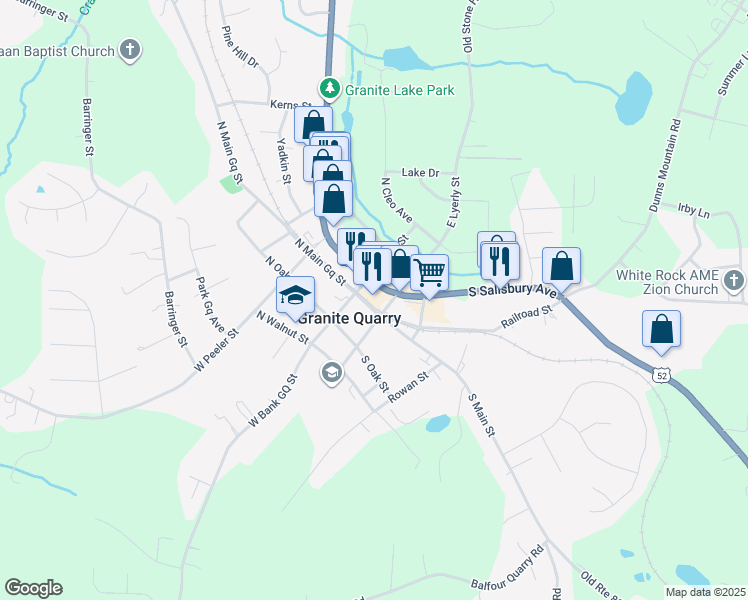 map of restaurants, bars, coffee shops, grocery stores, and more near 105 North Salisbury Avenue in Granite Quarry