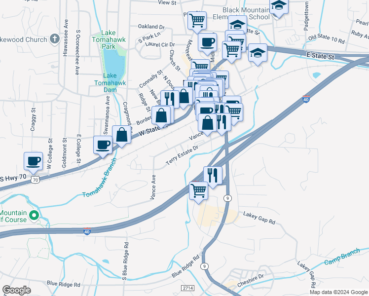 map of restaurants, bars, coffee shops, grocery stores, and more near 103 Bridge Street in Black Mountain
