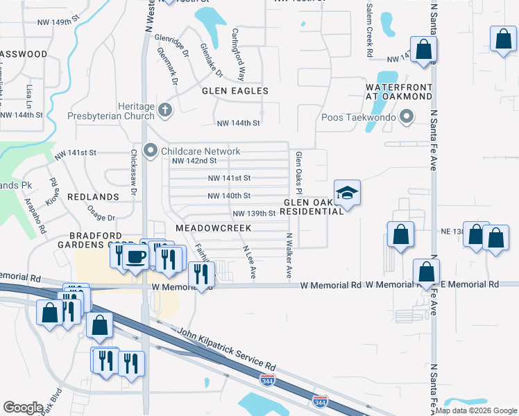 map of restaurants, bars, coffee shops, grocery stores, and more near 517 Northwest 139th Street in Edmond