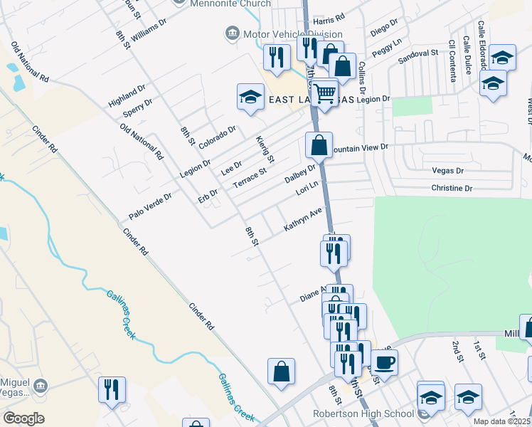 map of restaurants, bars, coffee shops, grocery stores, and more near 2038 Mark Drive in Las Vegas