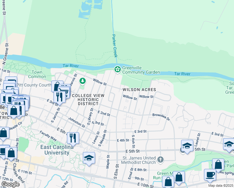 map of restaurants, bars, coffee shops, grocery stores, and more near 117 North Elm Street in Greenville