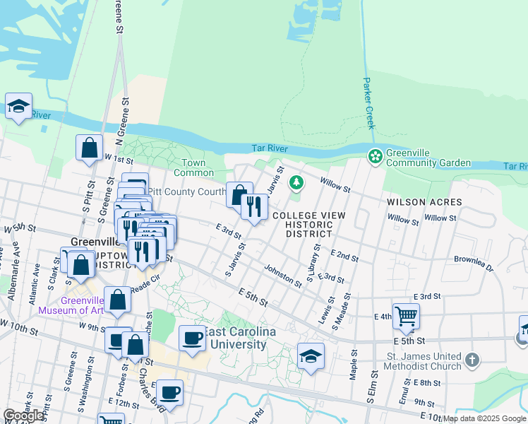 map of restaurants, bars, coffee shops, grocery stores, and more near 106 South Jarvis Street in Greenville