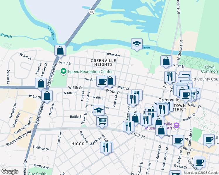 map of restaurants, bars, coffee shops, grocery stores, and more near 461-499 Davis Street in Greenville