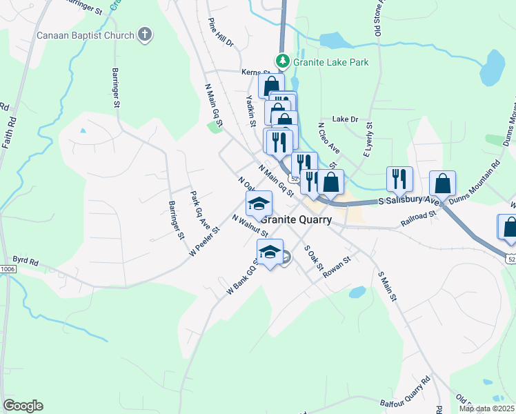 map of restaurants, bars, coffee shops, grocery stores, and more near 123 North Oak Street in Salisbury