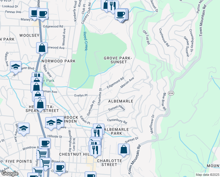 map of restaurants, bars, coffee shops, grocery stores, and more near 44 Edgemont Road in Asheville