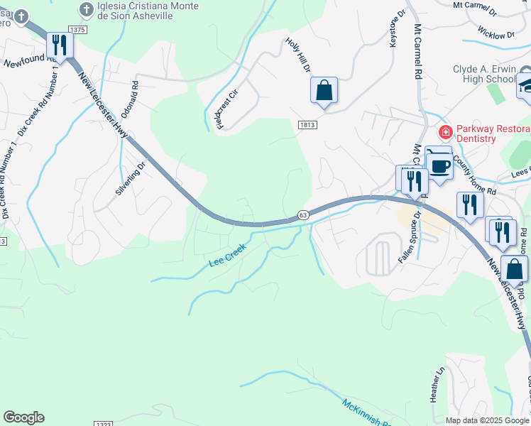 map of restaurants, bars, coffee shops, grocery stores, and more near 765 New Leicester Highway in Asheville