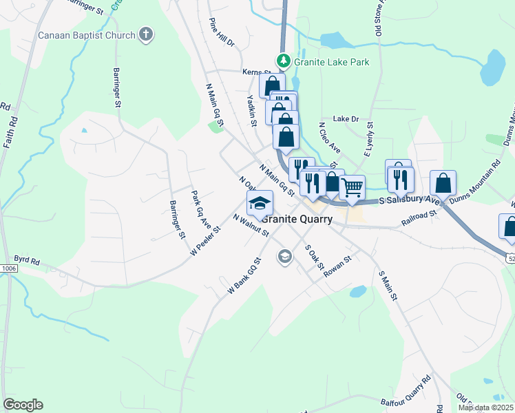 map of restaurants, bars, coffee shops, grocery stores, and more near 123 North Oak Street in Salisbury