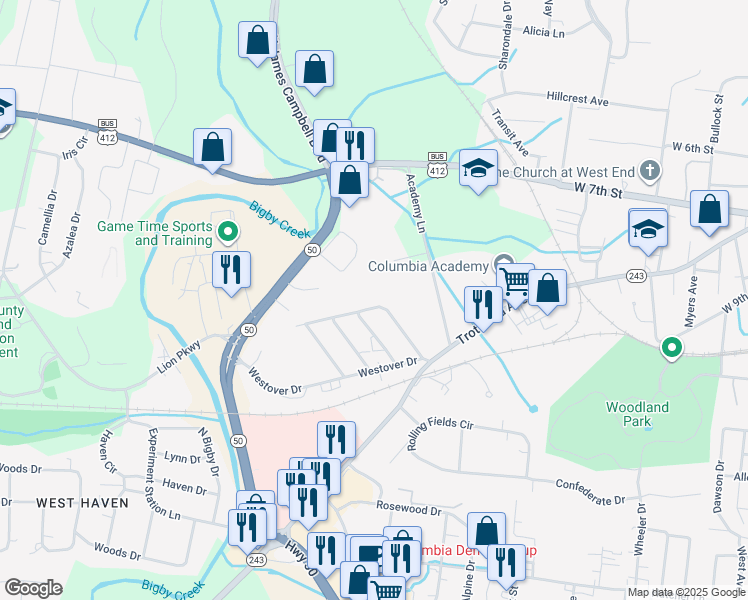 map of restaurants, bars, coffee shops, grocery stores, and more near 126 Westover Drive in Columbia