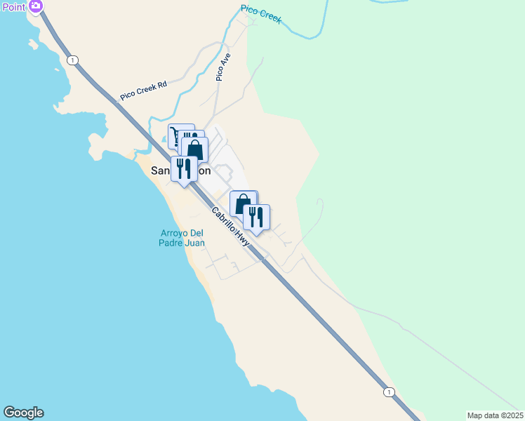 map of restaurants, bars, coffee shops, grocery stores, and more near 9186 Avonne Avenue in San Simeon