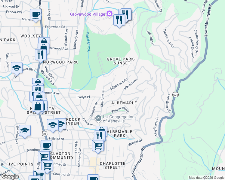 map of restaurants, bars, coffee shops, grocery stores, and more near 28 Edgemont Road in Asheville